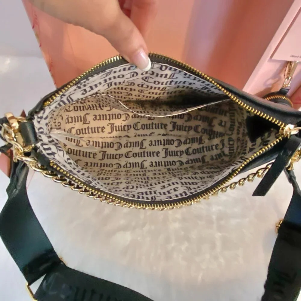 Juicy Couture Black Licorice Pink Rhinestone Handbag Bag & Heart Coin Purse Set - Picture 10 of 11